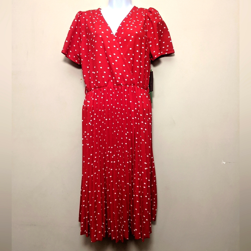 LARK+GREY Red Polka Dot Pleated Faux Wrap Dress PM New